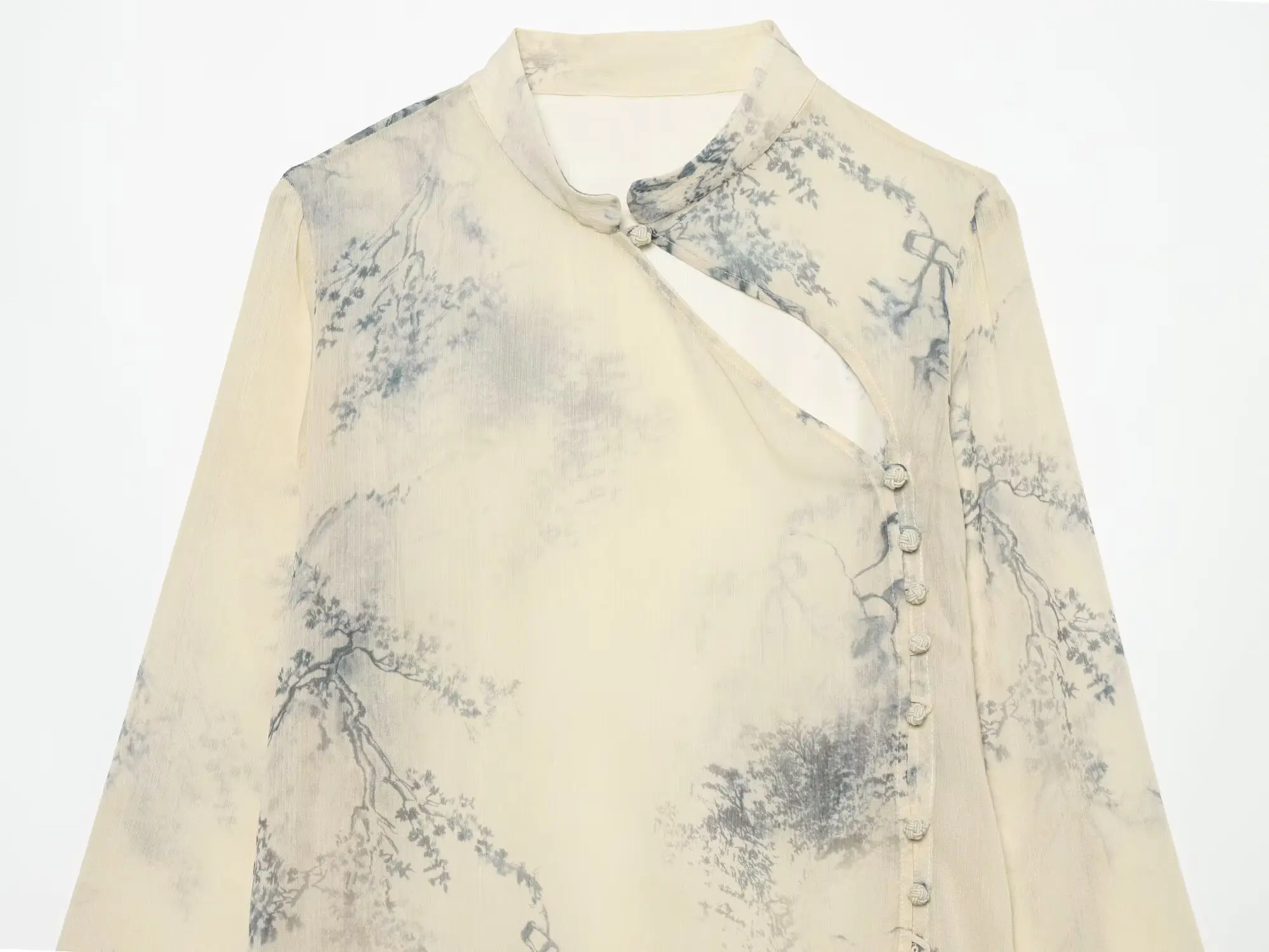 BSAY 2026 Women Ink Floral Print Stand Collar Blouse Asymmetric Cutout Frog Buttons Long Sleeve Elegant New Chinese Style Shirt view 3