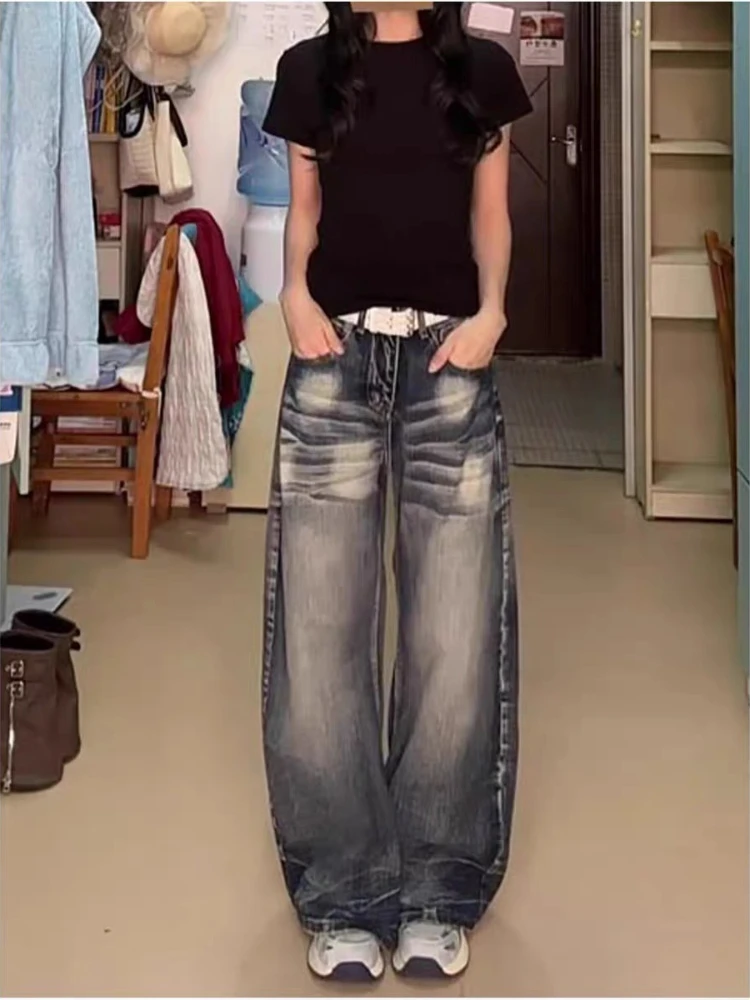 Women Wide Leg Jeans 2026 Autumn winter Waist Washed Distressed Denim Trousers Loose Curved Floor-length Pants