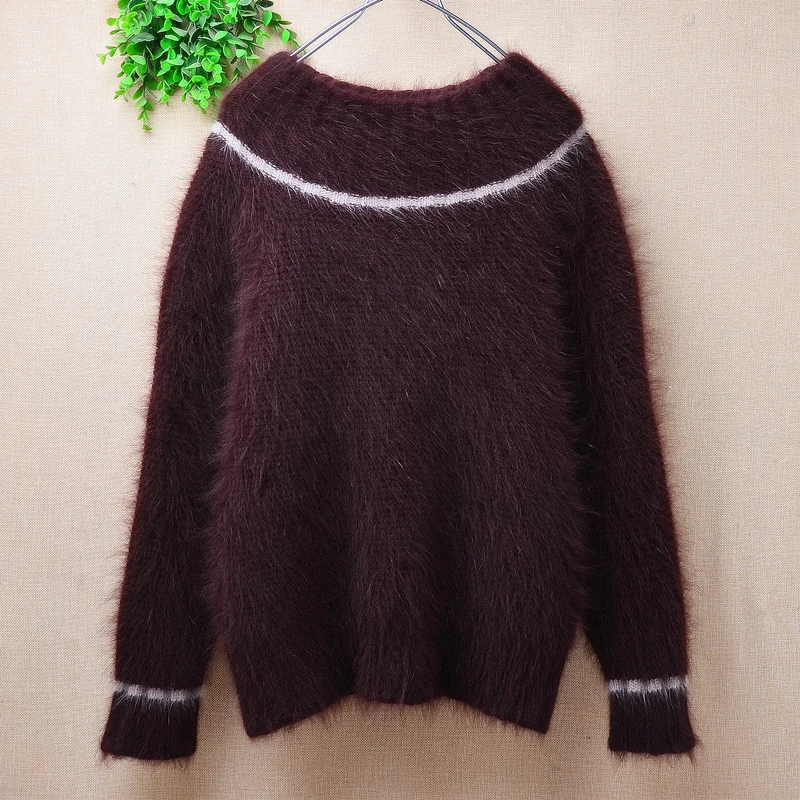 Ladies Women Fall Winter Fashion Brown Hairy Angora Rabbit Hair Knitted O-Neck Long Sleeves Slim Blouses Pullover Sweater Jumper