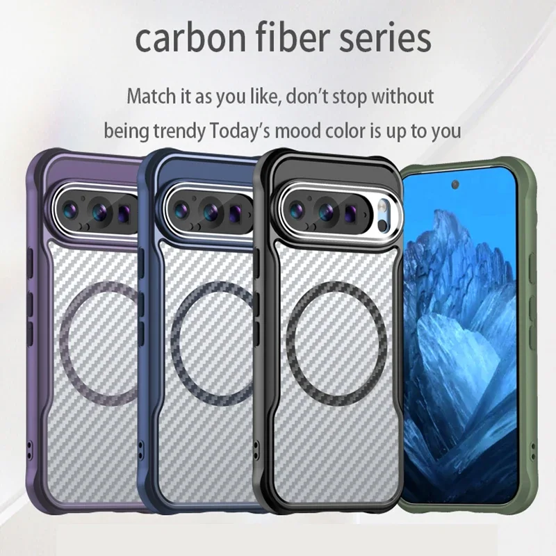 For Google Pixel 9 Pro XL Carbon Fibre Pattern Transparent Cover Magnetic Case For Google Pixel 9 Pro