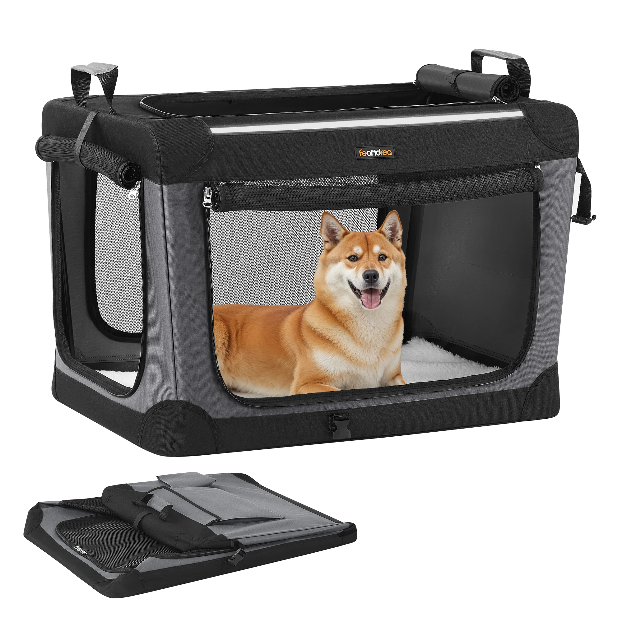 FEANDREA Faltbare Hundetransportbox, Oxford-Gewebe, Hundetasche mit 4 Netzstoff-Türen, mittelgroße Hunde, schwarz