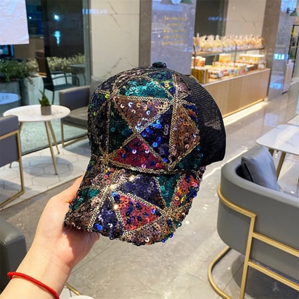 Fashion New Baseball Hat Sparkly One Size Unisex Adjustable All Seasons Bling Breathable Cap Mesh Ponytail Rhinestone