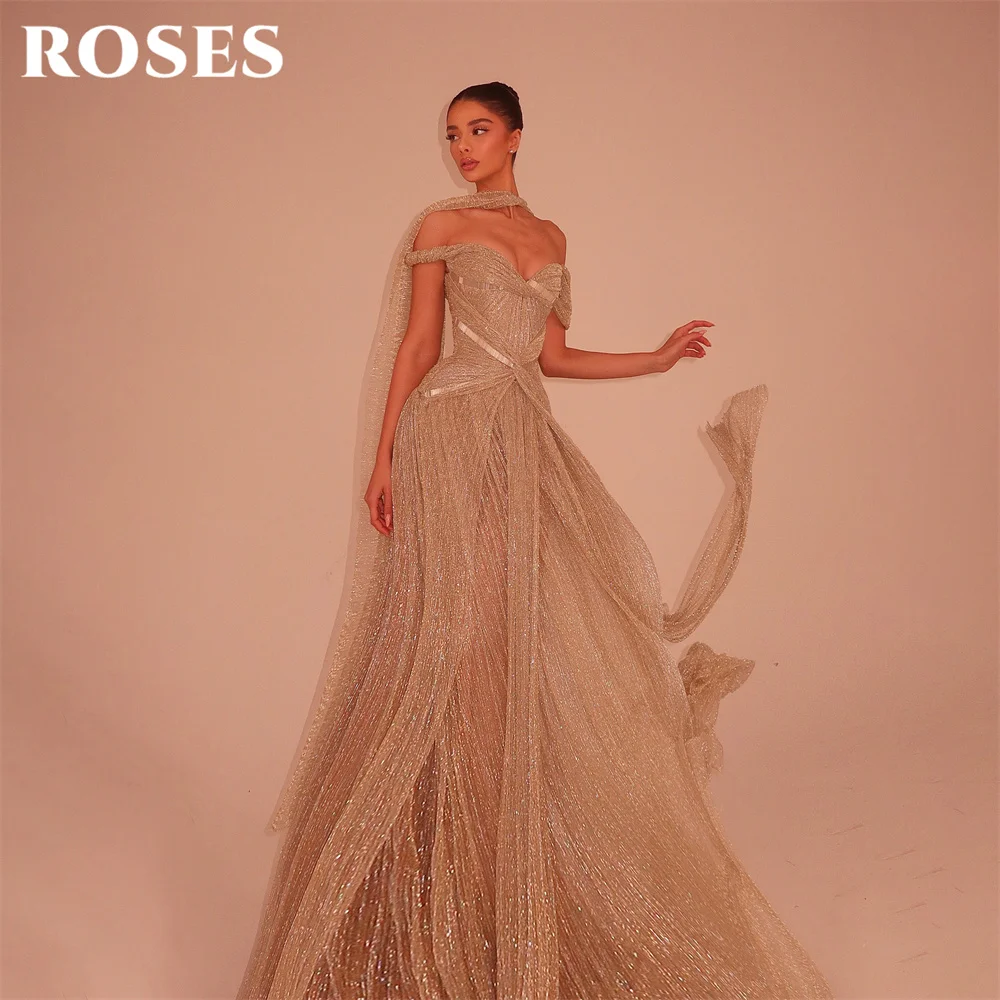 ROSES Champagne Party Dress Off the Shoulder Short Sleeve Evening Dress with Tassel فساتين السهرة Gala Dress Customized