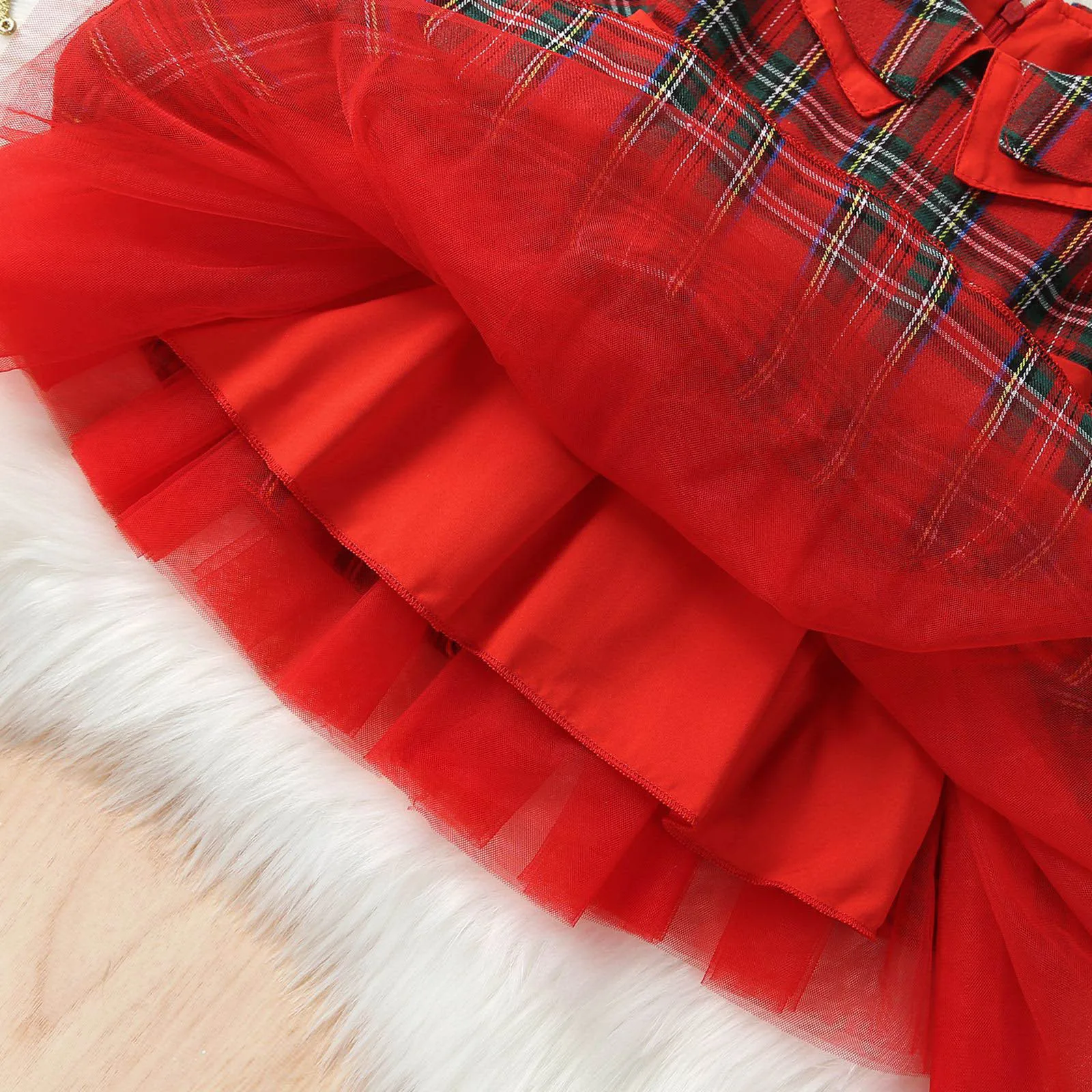 0-5Y Christmas Princess Kids Girls Autumn Dress 3 Colors Peter Pan Collar Long Sleeve Plaid Print Lace Tulle Tutu Bowknot Dress