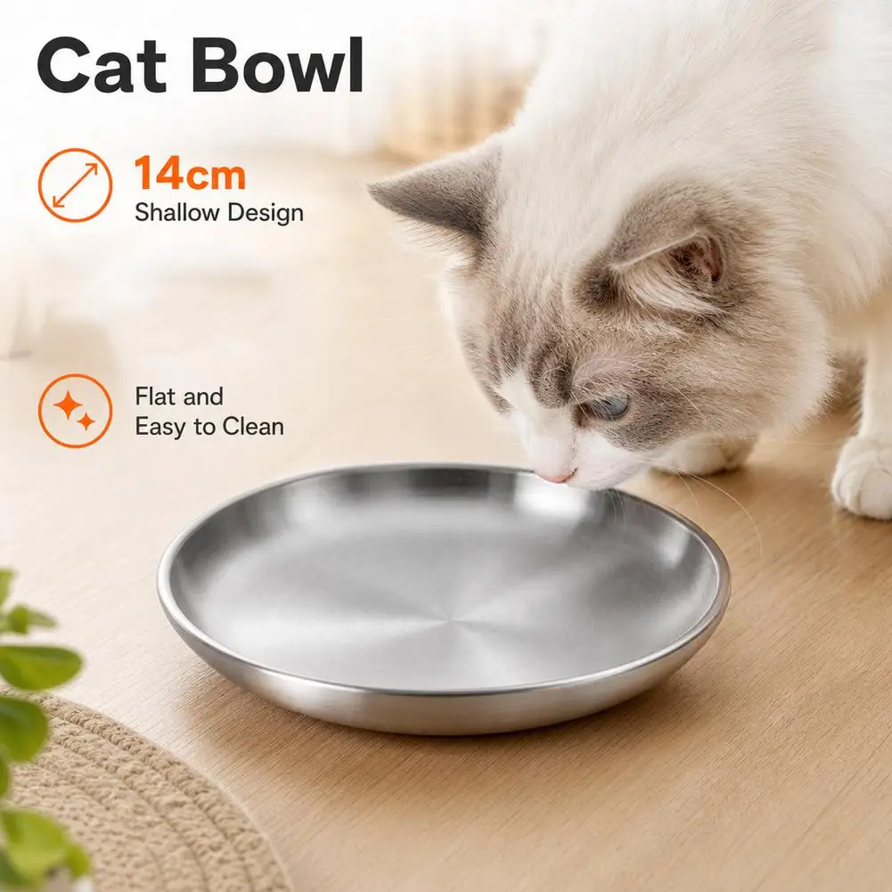 201 Stainless Steel Cat Bowls 14 cm Extra Wide Shallow Cat Plates for Whisker Fatigue Relief, Metal Kitten Feeding Dishes