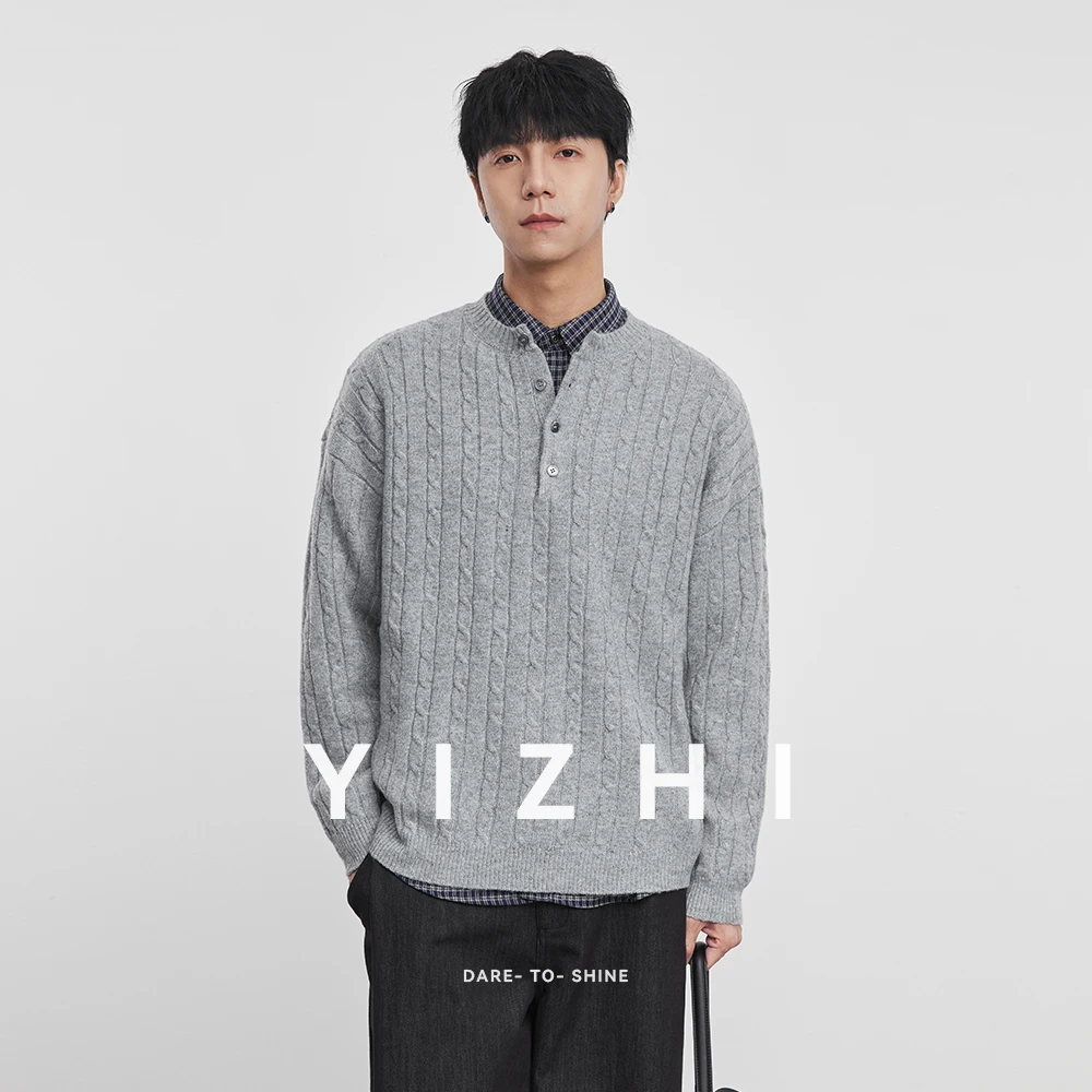

Fashion Men's Henley Collar Cable Knit Sweater 2025 Autumn Winter New Retro Loose Warm Men's Pullover Sweater