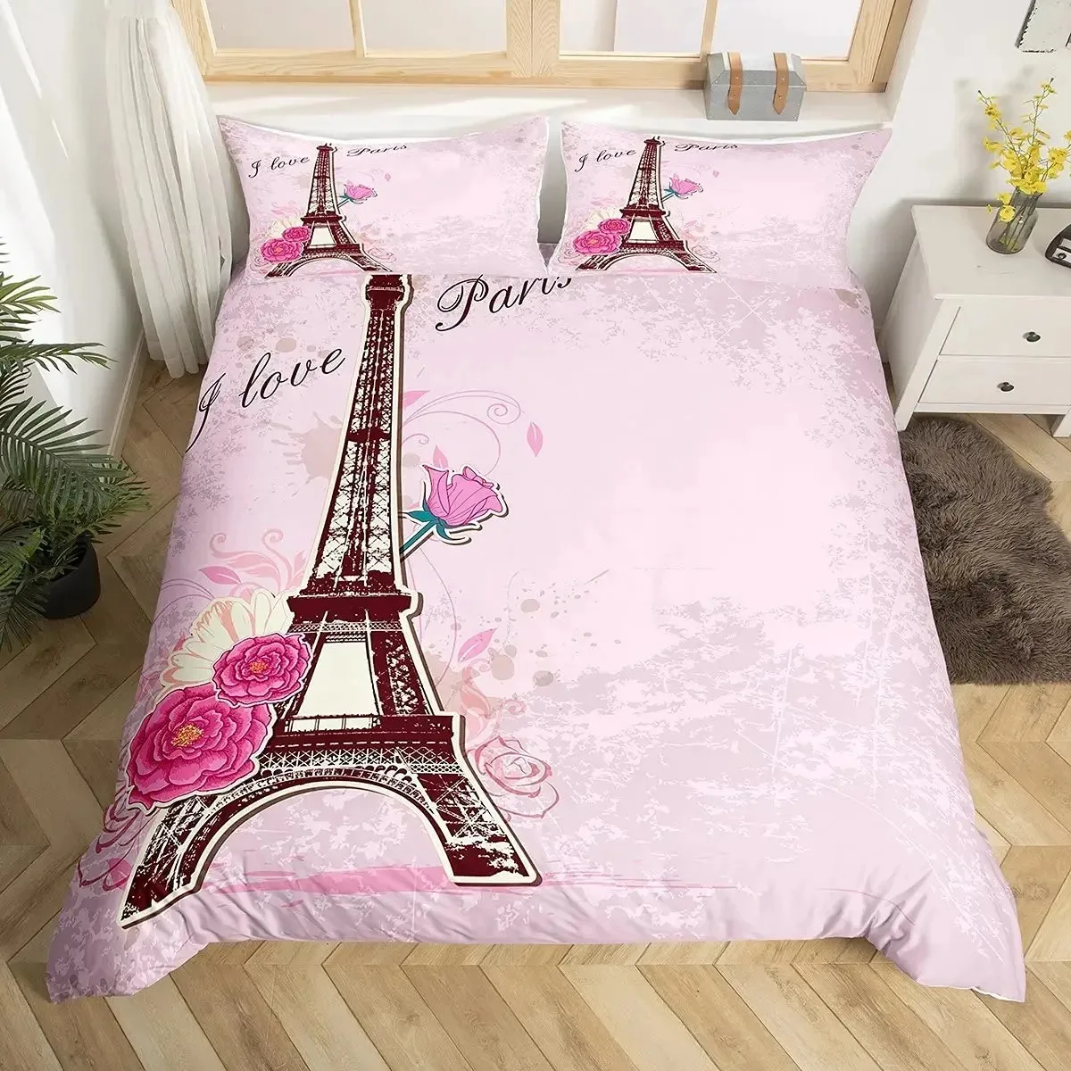 Eiffel Tower Duvet Cover Set Paris France Bedding Sets Queen Size Old Newspaper Style Comforter Cover for Men Women,Gray Stylish