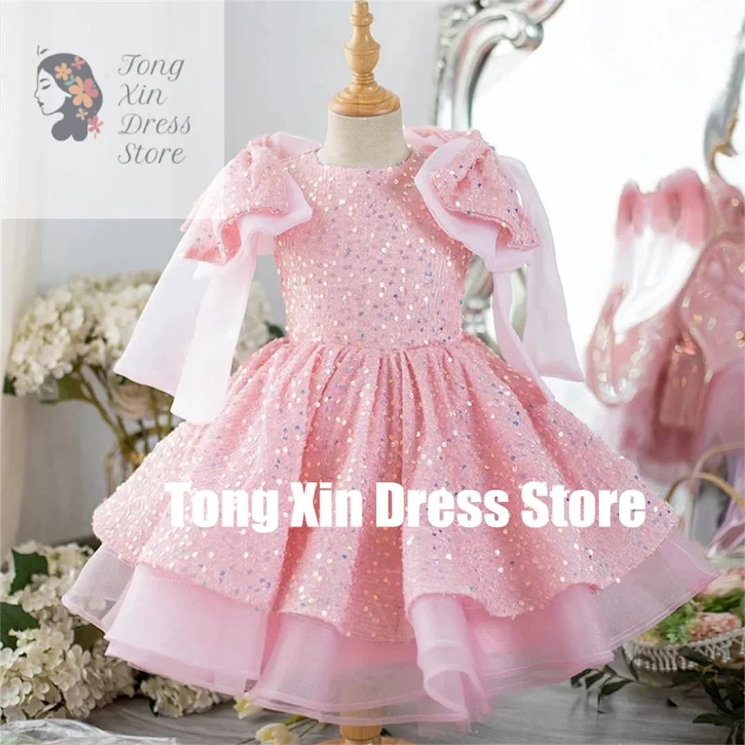 Customized Flower Girl Dresses Pink Sparkly Sequin With Bow Shoulder Sleeveless For Wedding Birthday Party Holy Communion Gowns