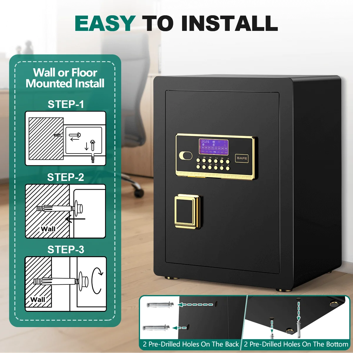 BESAFETY 4.5 Cuft Large Safe Box, Home Safe Security Box With Fireproof Document Bag, LCD Screen, Sensor Light Black