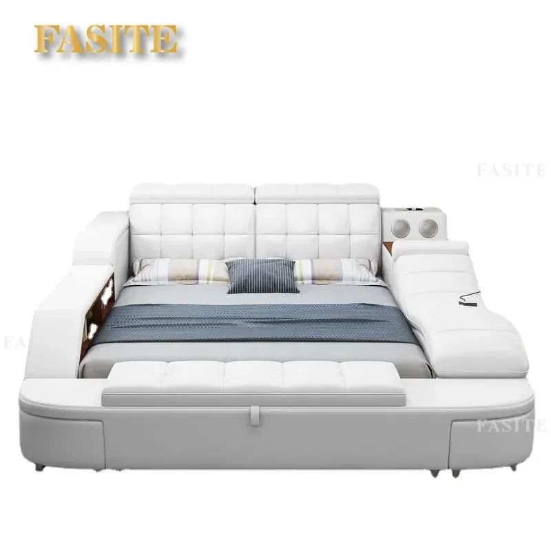 1.8m Tatami Leather Bed with Massage and Storage Double Platform Frame Modern Upholstered Bedroom Furniture for Wedding Home
