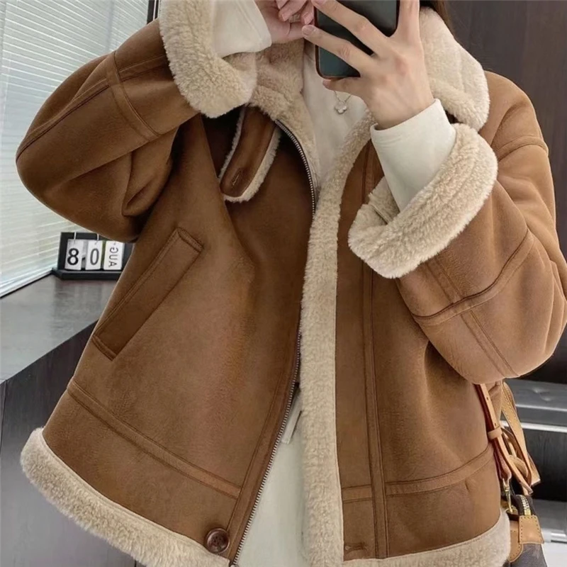 Vintage Winter Thickened Sherpa Shearling Jacket Women  Caramel Brown Faux Suede Moto Coat Short Cropped Warm Fur Lined Jacket
