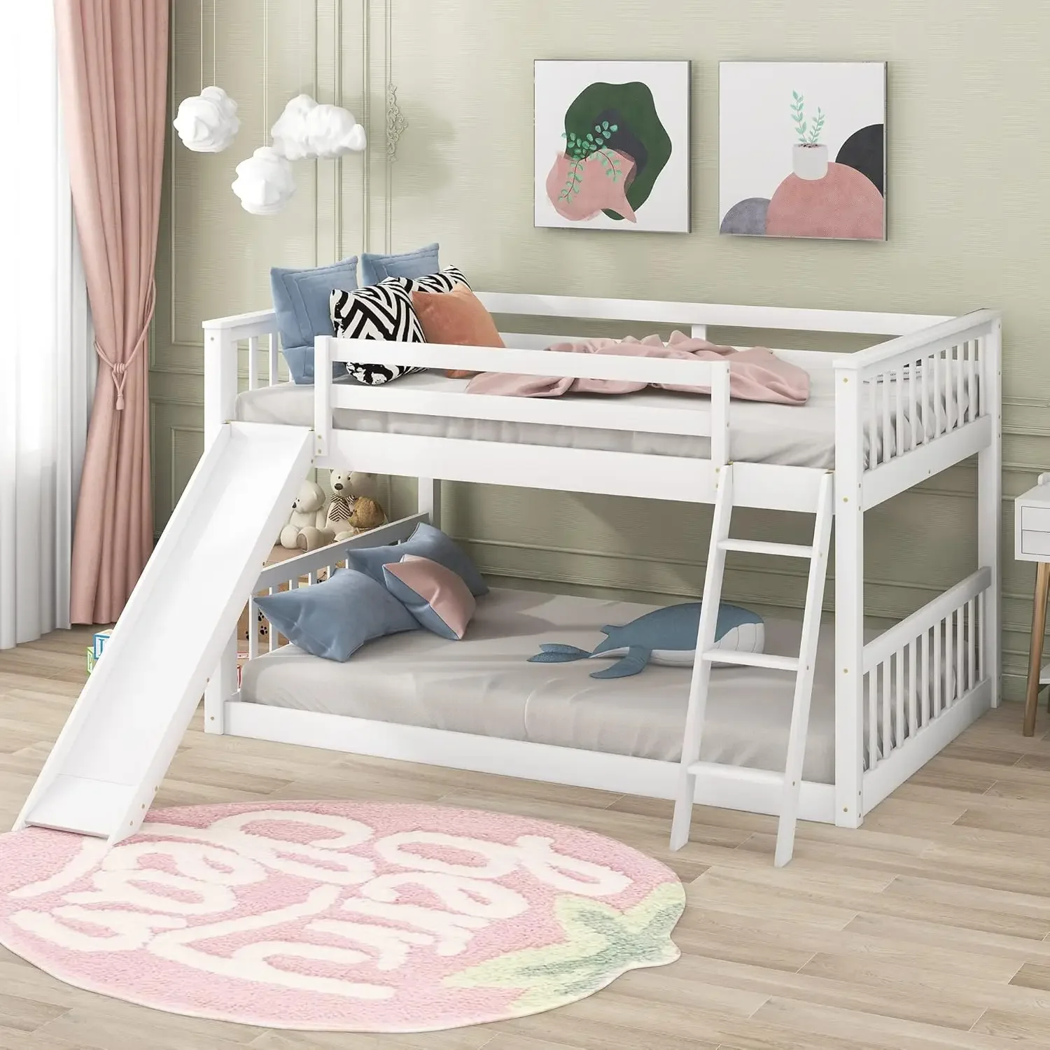 Harper & Bright Designs Kids Floor Bunk Beds, Full Over Full Bunk Bed With Convertible Slide And Ladder, Wooden Low Bunk Bed