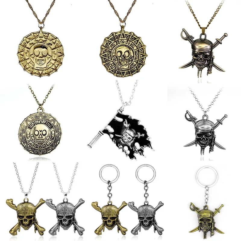 Movie Accessories Caribbean Akg Pirates Aztec Gold Color Coin Necklace Key Buckle Retro Skull Pendant Punk Hip Hop Necklace