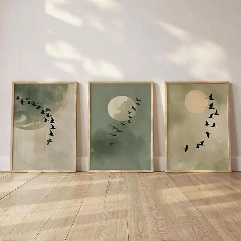 Large-sized frameless 3pcs  3PCS Japandi Birds Poster  Sage Green Minimalist Wall Art  Landscape Painting Canvas Paintings Fo