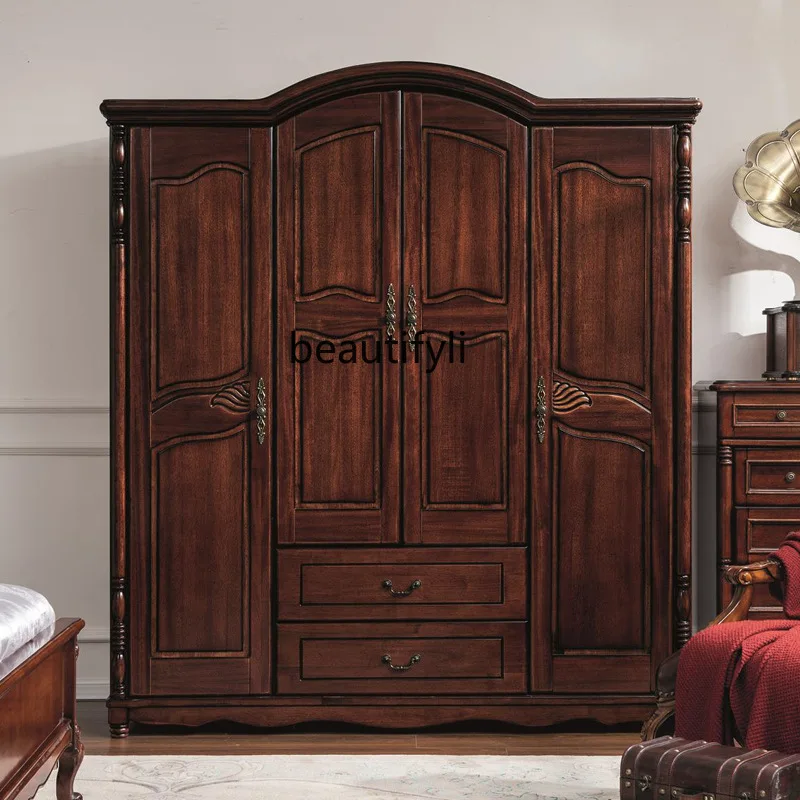 Mahogany core wood American four-door wardrobe all solid wood master bedroom large wardrobe three-door wardrobe