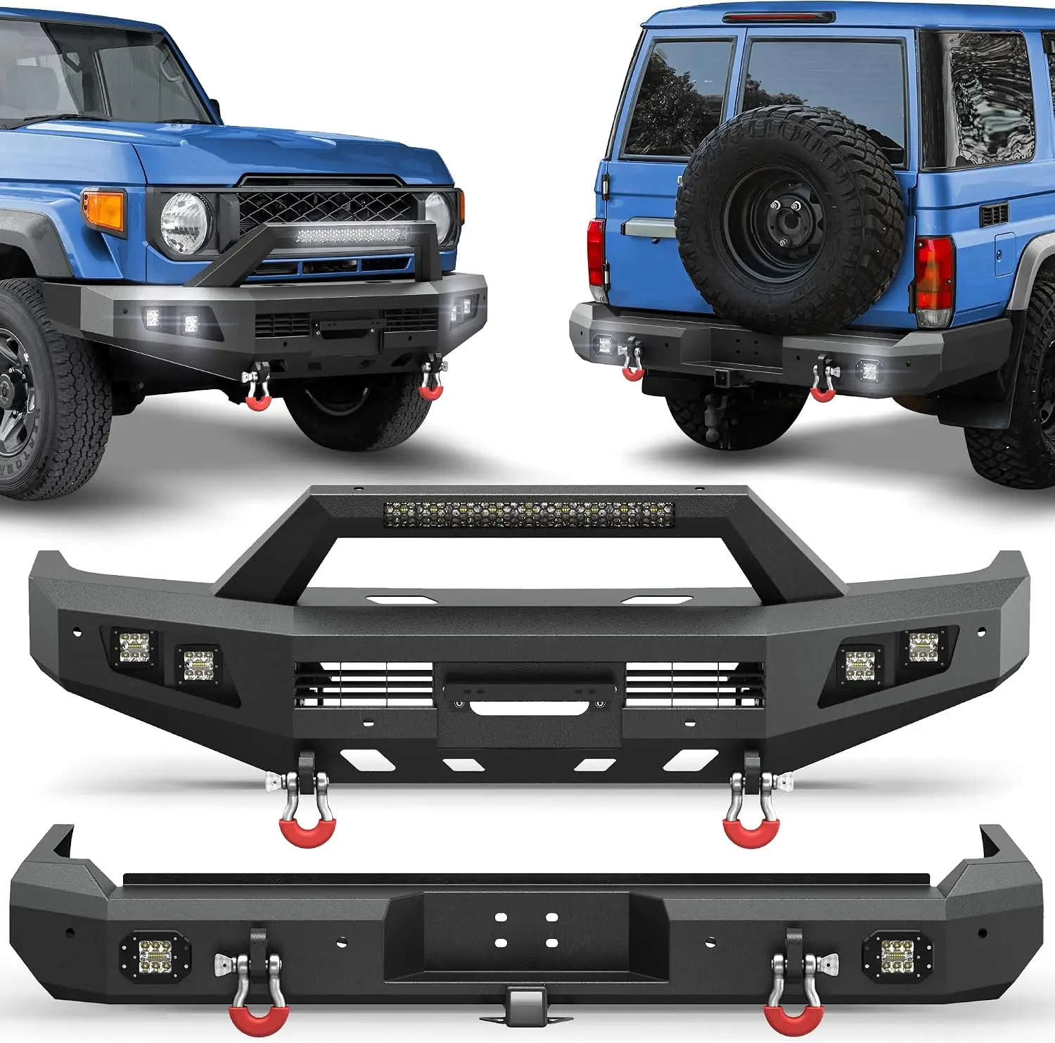 Front and Rear Bumper Set for 2007-2023 Toyota Land Cruiser 76 Series 2007-2023 w/ 144W LED Bar Fog Lights Winch Mount D-Rings