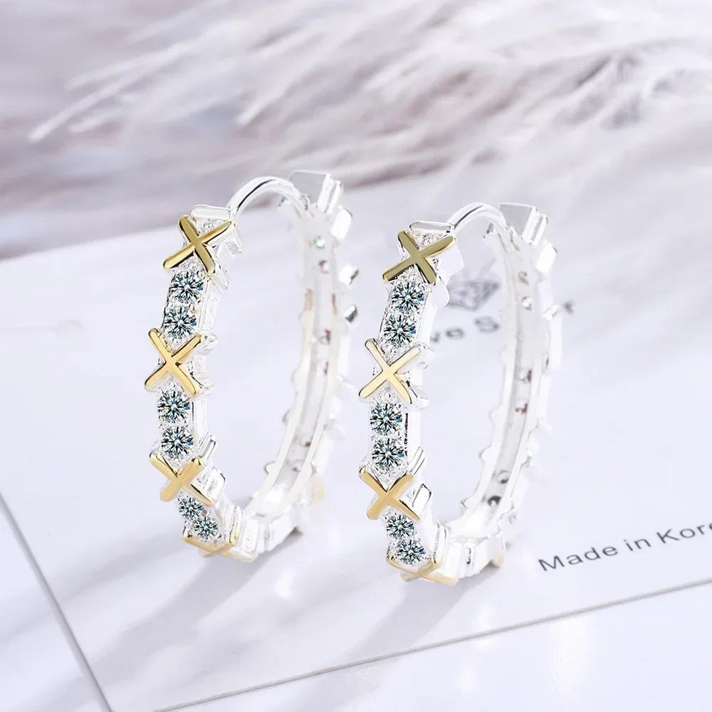 925スターリングシルバーのイヤリング,女性用の大きなラウンド,クロスシェイプ,文字の形,婚約ジュエリー,パーティー