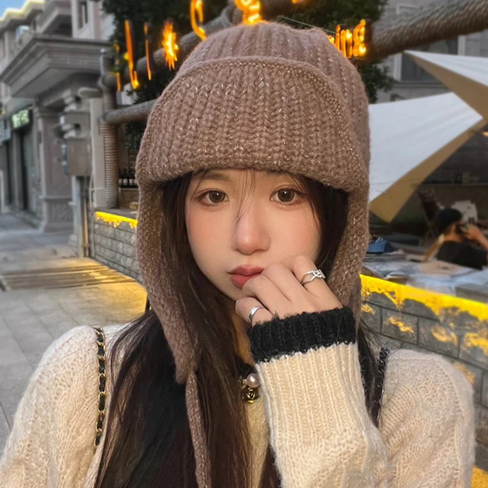 Winter Warm Knitted Hat Women Earflap Beanie Super Soft Thickened Windproof Cold Weather Fashion Cap for Autumn Thick Hats