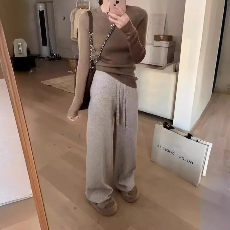 

Новые осенние и зимние утягивающие брюки длиной до пола с высокой талией, прямые трикотажные брюки, широкие брюки вафельной вязки для женщин