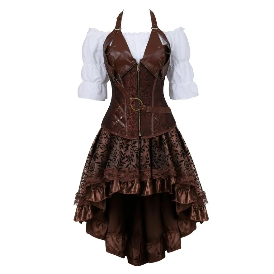 Steampunk Corset Dress Set for Women Asymmetrical Lace Floral Dreses Three-Pieces Set Blouse & Corset & Skirt Pirate Costume