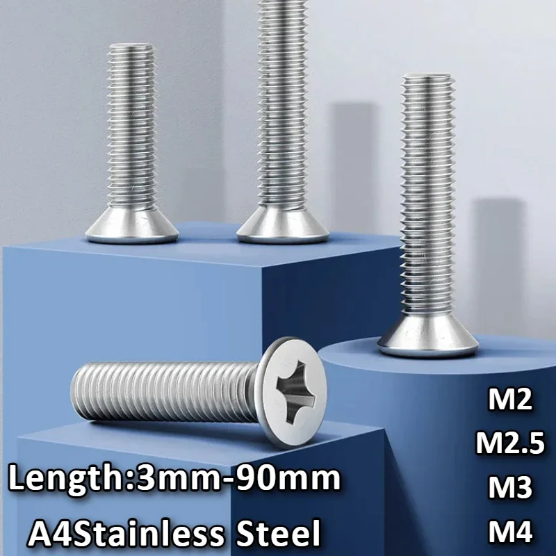 100/50/30/20/10/5/2pcs 316 Stainless Steel A4 Cross Phillips Bolt Screw Countersunk Head Flat Screws M2 M2.5 M3 M4 L 3mm to 90mm