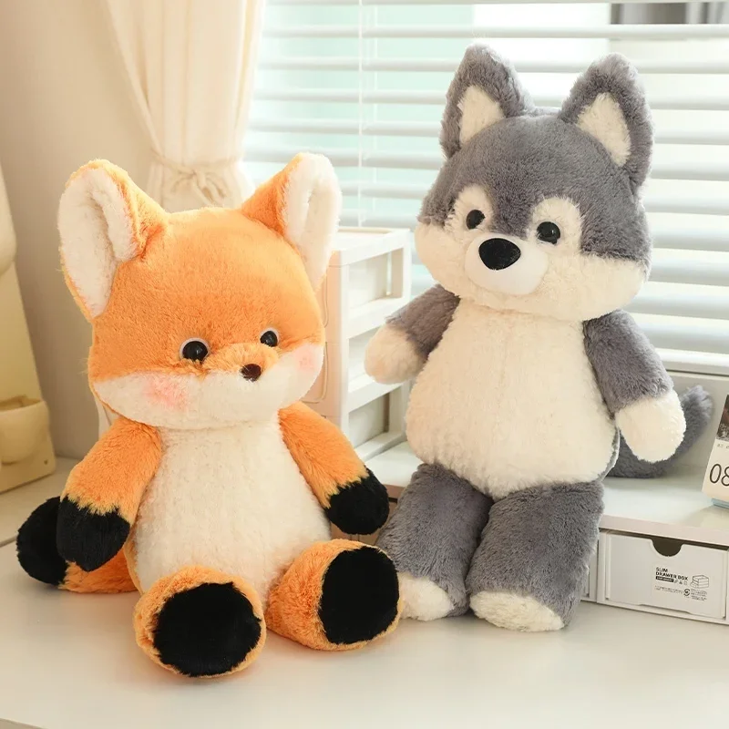 Adorável sonhador dos desenhos animados raposa lobo brinquedos de pelúcia fofo confortável huggable raposa lobo boneca vestindo jeans saia jeans presente perfeito para crianças