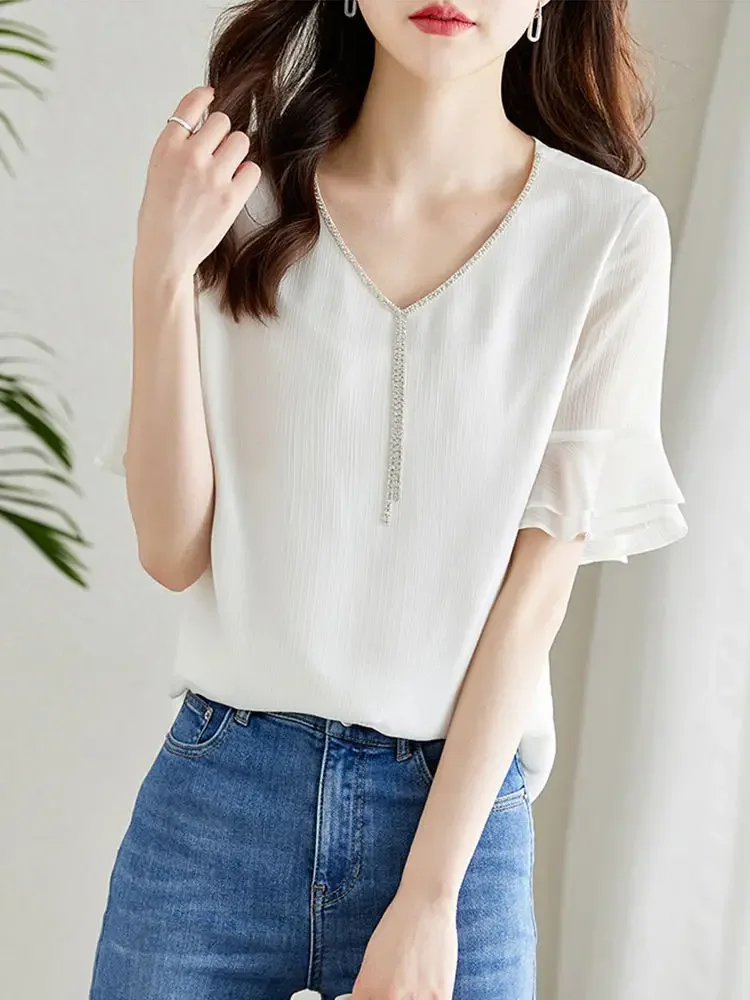 

Women's Summer New Loose Slimming White Top Lotus Leaf Sleeve V-neck Chiffon Blouse