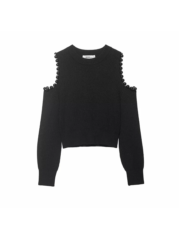 

Women Fashion Knit Beaded Hollow Out Sweater Women Ribbed O-neck Long Sleeve Female Pullovers Spring Lady Knitwear
