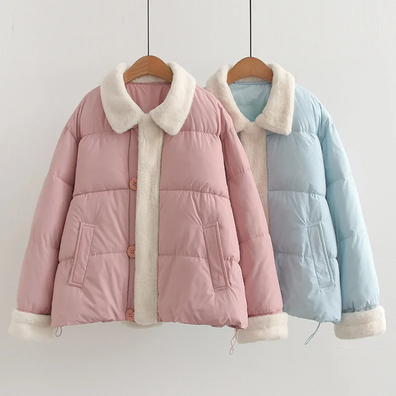 

[Ready Stock] High Quality Women Winter Thick Warm Cotton Jacket Women Parkas 25088 Lamb Feather Splicing Pink Cotton Jackets