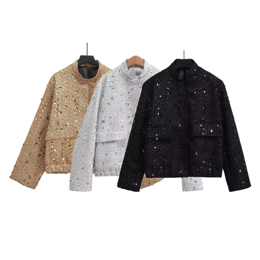 PB&ZA2024 autumn new women\'s fashionable temperament casual loose and versatile sequin embellished jacket jacket jacket