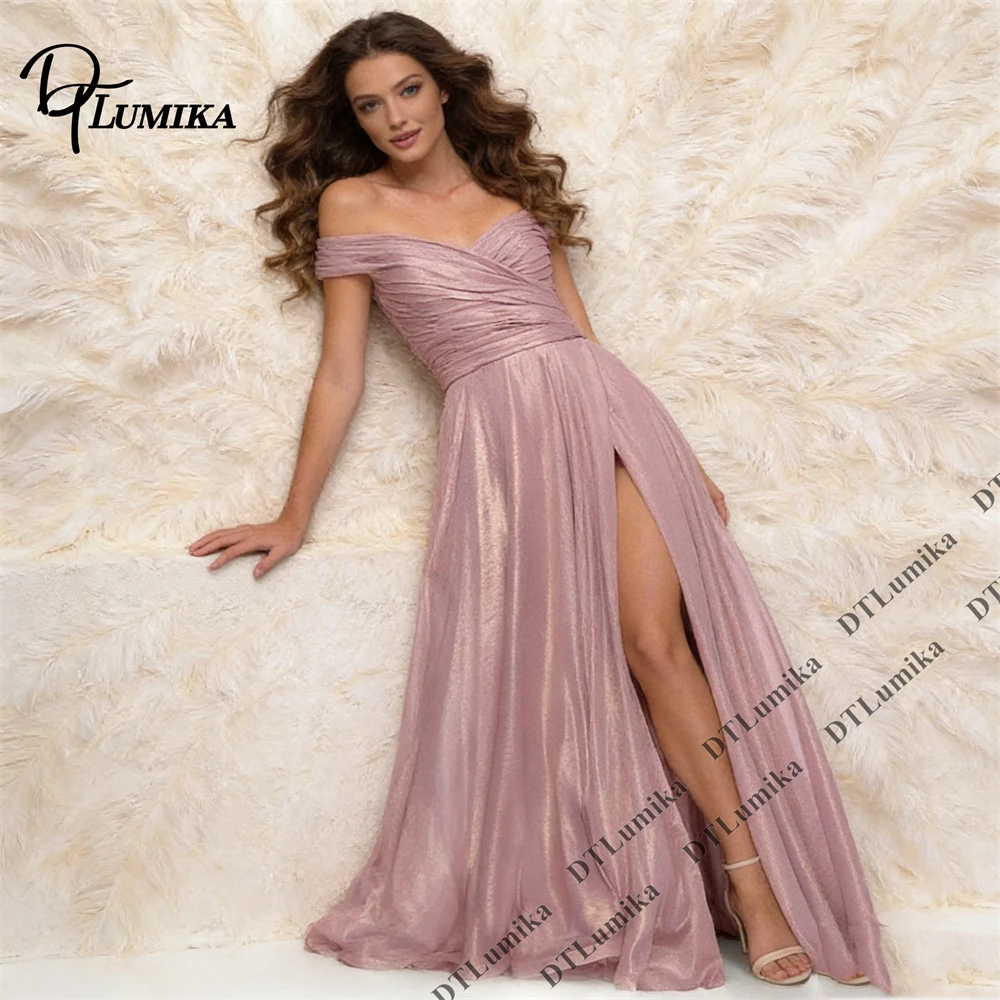 Women’s Off Shoulder Evening Gown High Slit Ruched Bodice Elegant Formal Dress for Wedding Guest, Prom or Gala – Metallic Sheen