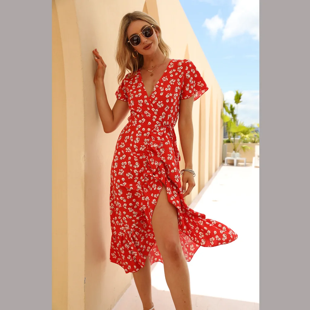 Women Sexy Chiffon Dress Floral Print Dress V-neck Lace Up Dress Asymmetric Ruffle Slit Beach Skirt Casual Style