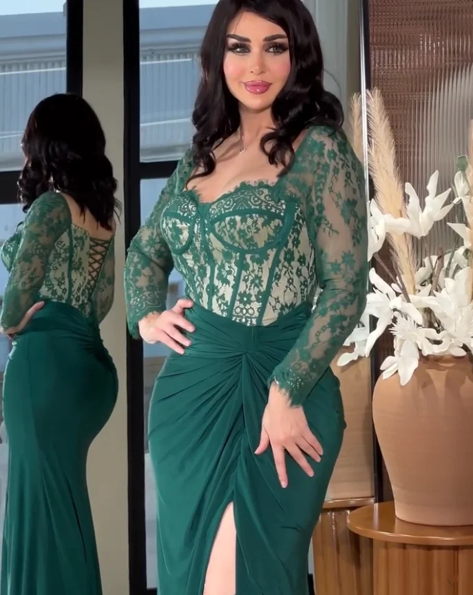 Maßgeschneiderte elegante smaragdgrüne Meerjungfrau Split arabische Abendkleider Langarm Lace-up Dubai Prom Kleider Vestidos de Fiesta