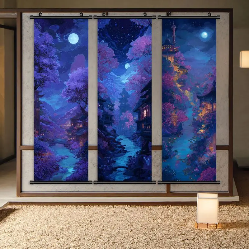 VIKAMA Anime Nightscape Scroll Tapestry Vertical Wall Hanging Cherry Blossom Starry Sky Landscape Home Decor