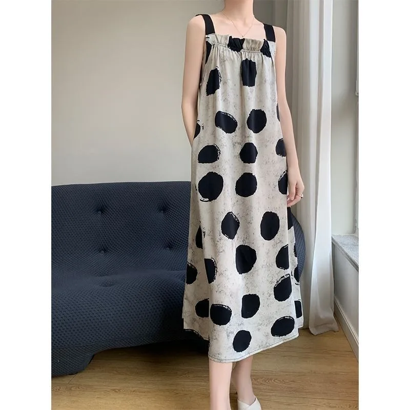 

Summer Sleeve Women's Clothing Camisole Geometric Leopard Polka Dot Gradient Printing Shirring Slash Neck Office Lady Dresses