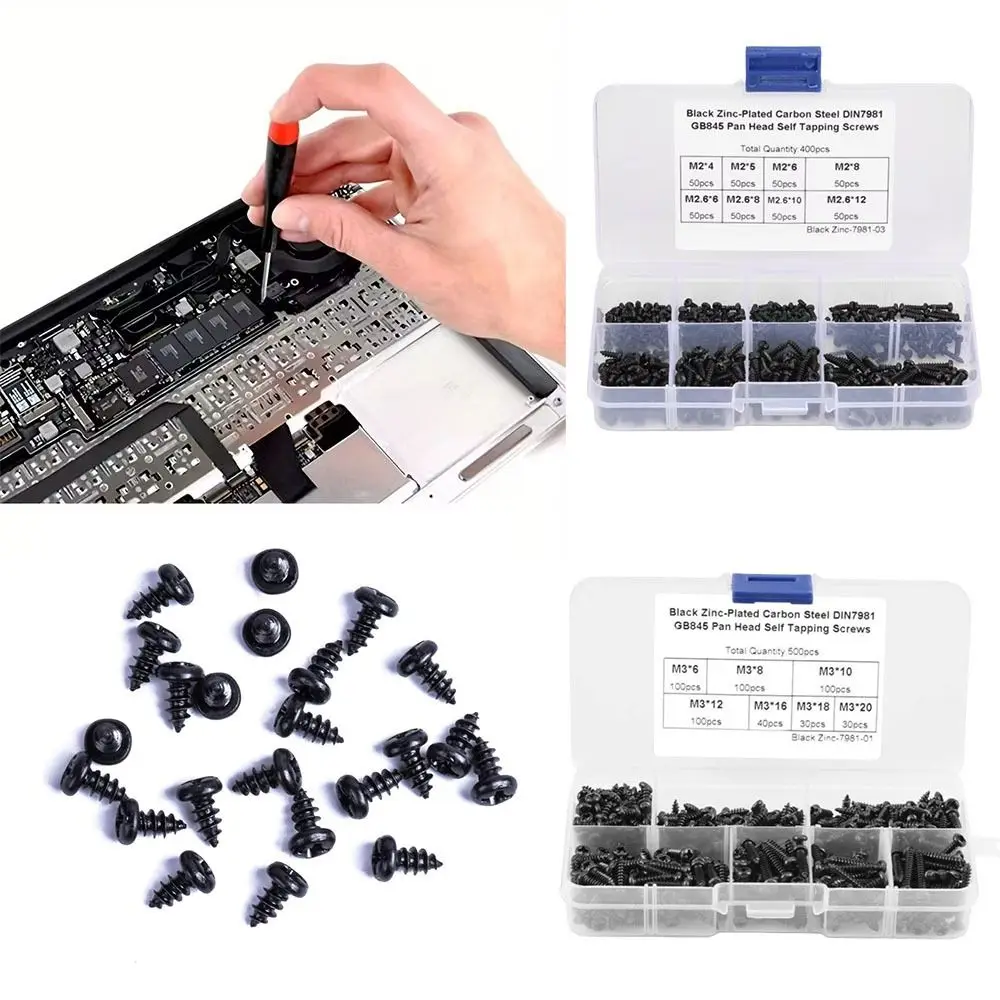 400pcs/500pcs Cross Recessed Head Self Tapping Screws Button Head Carbon Steel Computer Screws Cross Drive Black Finish