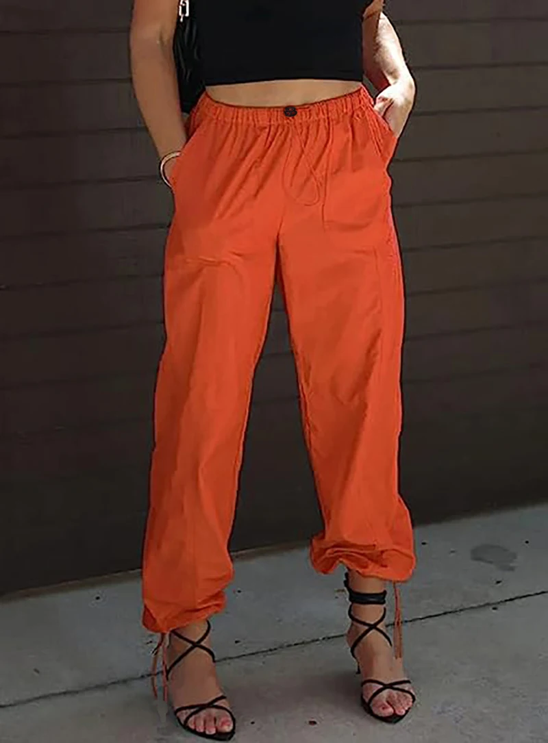 

2024 Europe and The United States Womens Pants Street Tide Hip-hop Style Pig Nose Buckle Elastic Waist Solid Color Lantern Pants