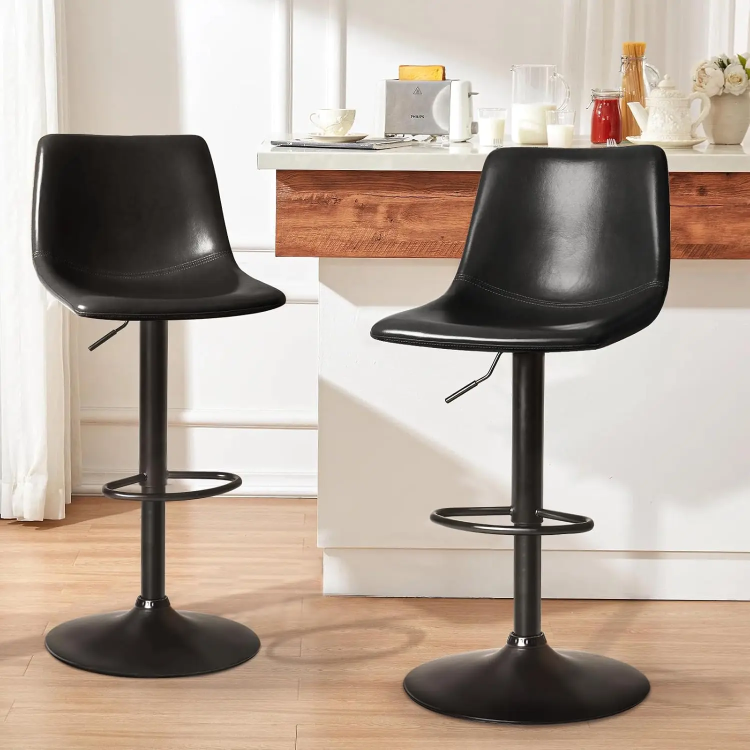 

Bar Stools Set of 2 Modern Swivel Barstools Counter Height with Backrest, Adjustable Faux Leather Upholstered Bar