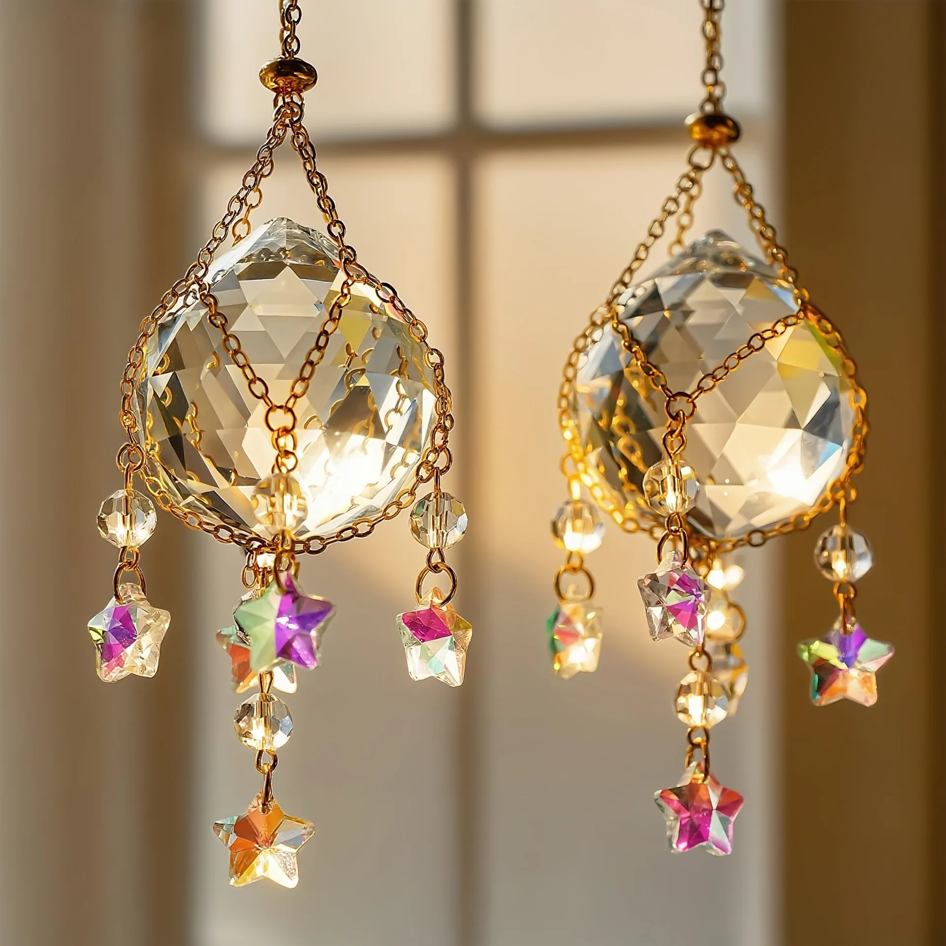 D5 1piece Hanging Suncatcher Crystal Ball Mesh Pouch Star Prisms Magical Rainbow Reflection DIY Car Pendant Window Garden Decor