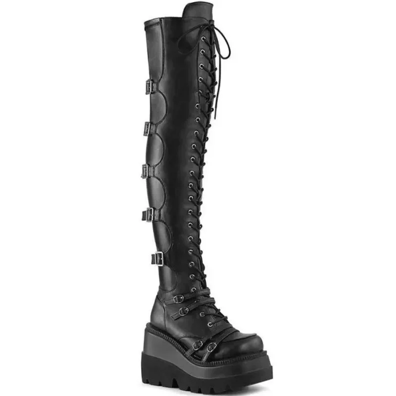 Brand Design Big Size 43 Shoelaces Cosplay Motorcycles Boots Buckles Platform Wedges High Heels Thigh High Boots Women Shoes