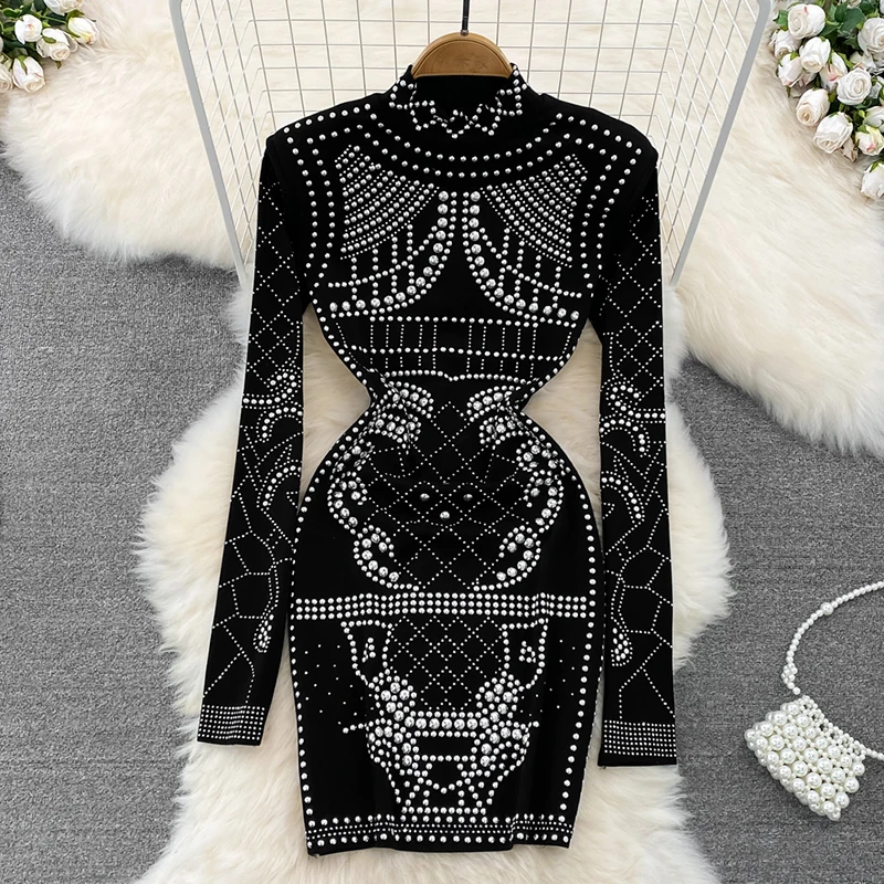 

Spring Autumn Women Gold/Silver Rivet Bodycon Party Dress Vintage Stand Collar Long Sleeve Sheath Slim Black Vestidos Female