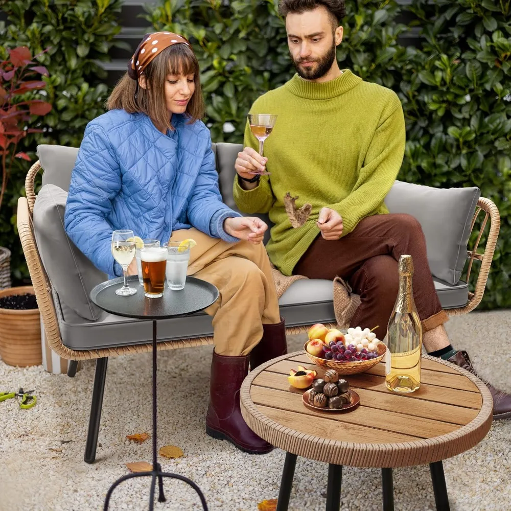 مقعد فناء خارجي من الخيزران مناسب لجميع الأحوال الجوية مع وسائد ووسائد قطنية، طقم أريكة بمقعدين #6