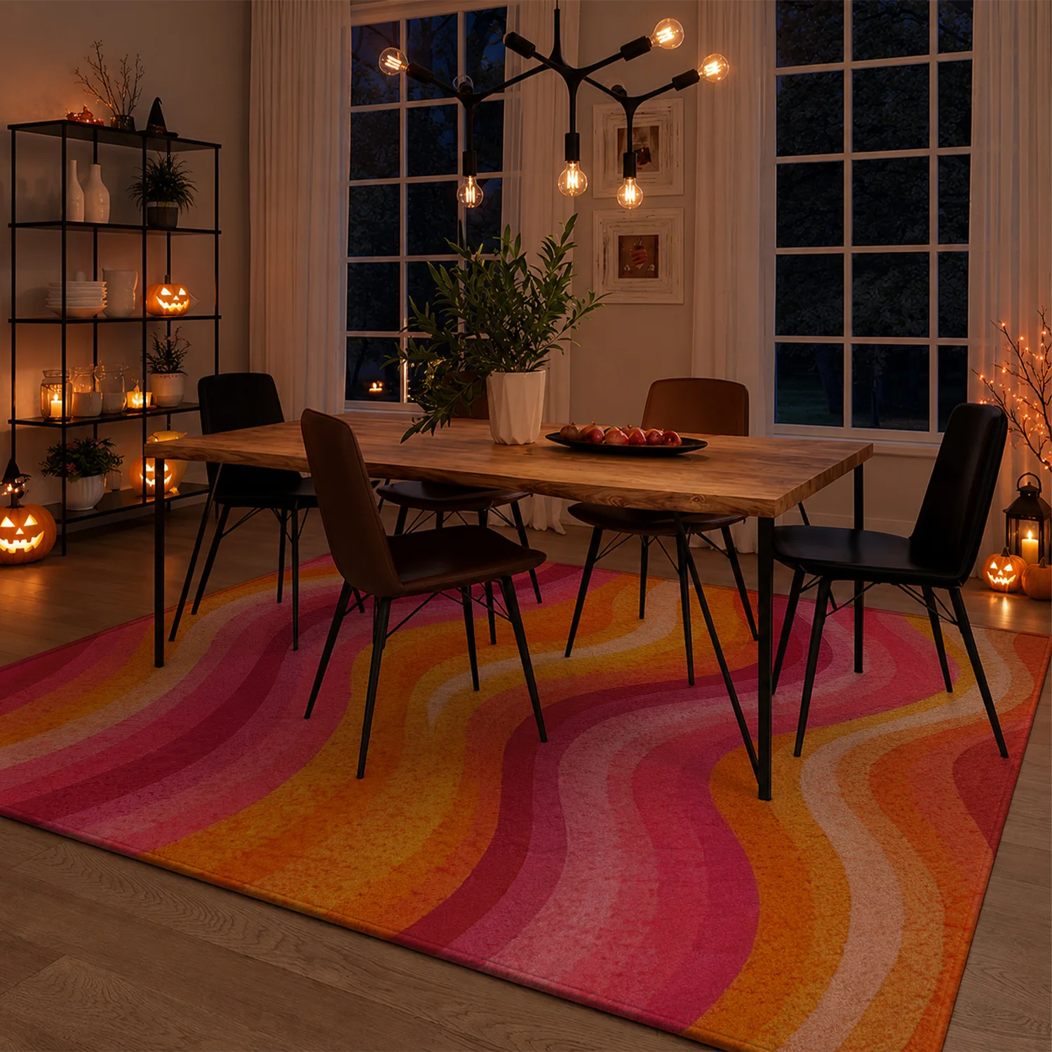 Large Indoor Area Rug, Soft Velvet Low Pile with Non-Slip Dotted Backing, Machine Washable Retro Wavy Pink Orange Striped Rug for Living Room, Bedroom, Vibrant Mid-Century Modern Home Decor