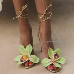 Sandalias con cordones y flores rosas/verdes para mujer, zapatos elegantes de cuero fino y tacón alto, talla grande, diseñador de lujo, novedad de verano 2024