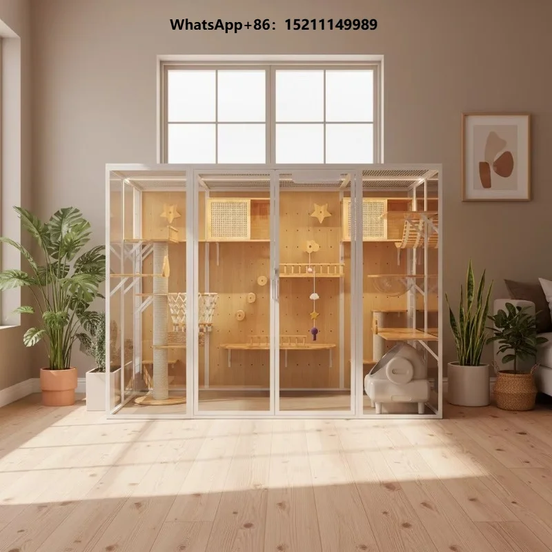 Luxury Indoor Cat Villa Solid Wood Large Space Safe Enclosed Multi Tier