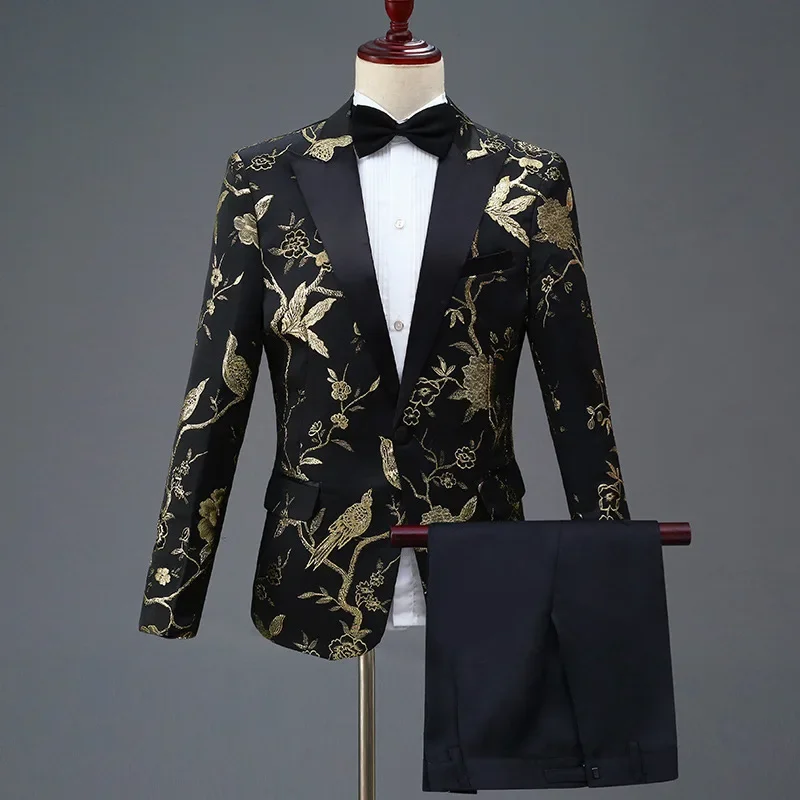 Setelan Pria Motif Bunga untuk Pernikahan Prom 2 Buah Tuksedo Pengantin Pria Pesta Mode Pola Bordir untuk Celana Jaket Kostum Penyanyi Panggung