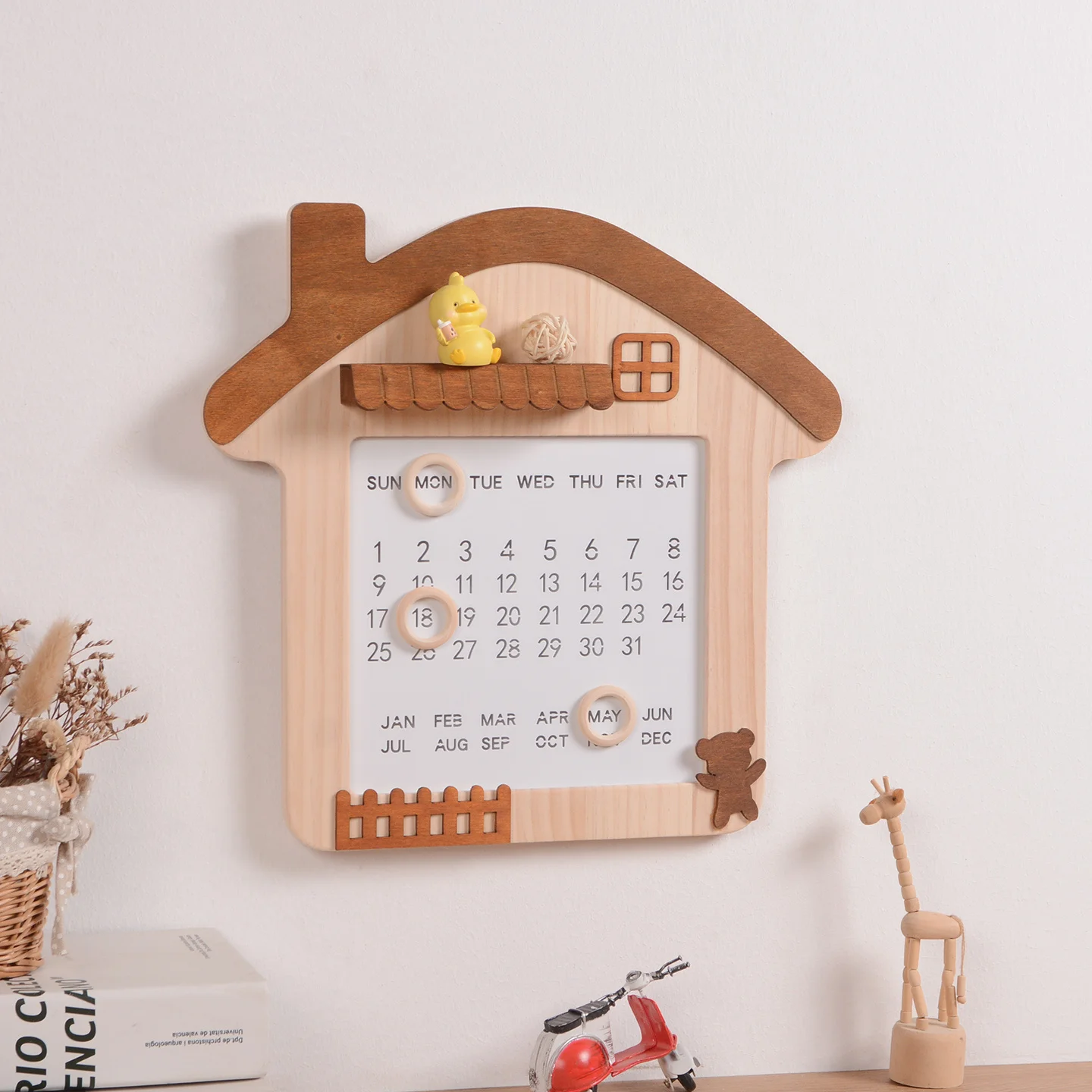 

New Cute Cartoon Style Wooden Wall-Mounted Calendar Wall Pendant Entrance Hall Creative Appearance Home Decoration Pine Wood