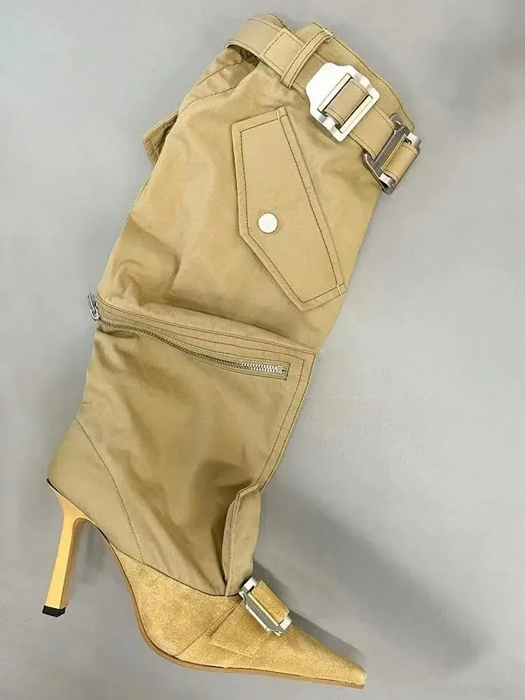 

Желтые сапоги до колена на шпильке с острым носком и пряжкой на ремне, женские зимние сапоги 2026, черные модные длинные сапоги для шитья