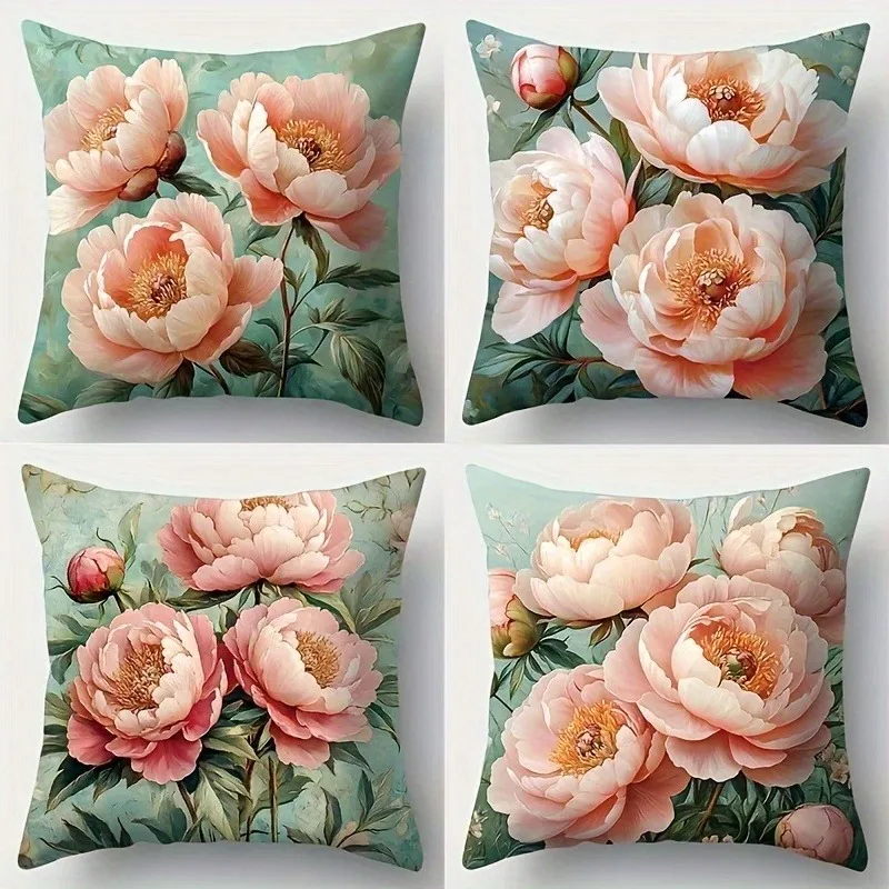

Peach Peony on Sage Green Pillowcase: Romantic Vintage-Themed Cushion Cover for Soft Modern Home Sofa Decor