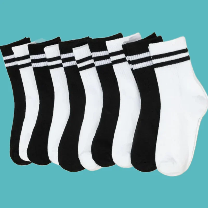 Conjunto de calcetines de algodón de tubo alto para mujer, medias de longitud media en color blanco y negro liso con barras paralelas, 5/10 pares